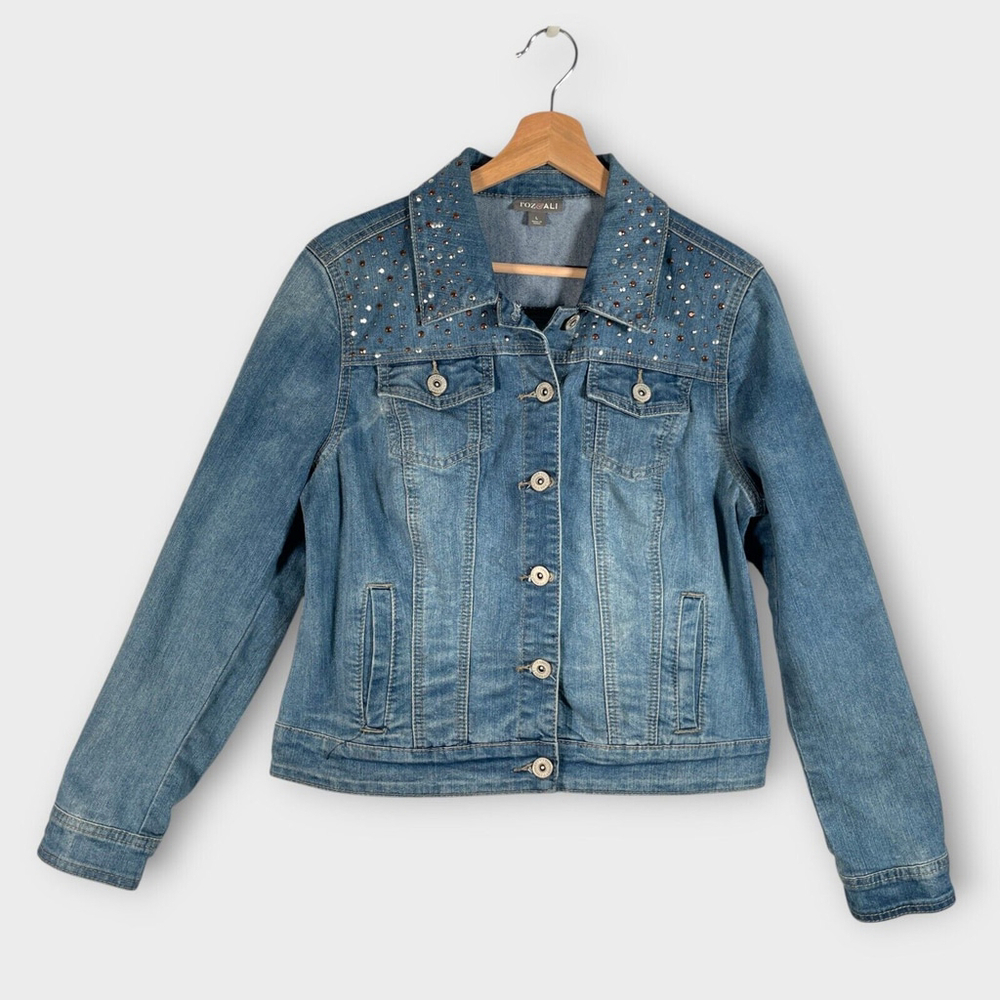 🦜 Roz & Ali Denim Trucker Jacket LARGE Embellished Collar Western Rodeo
